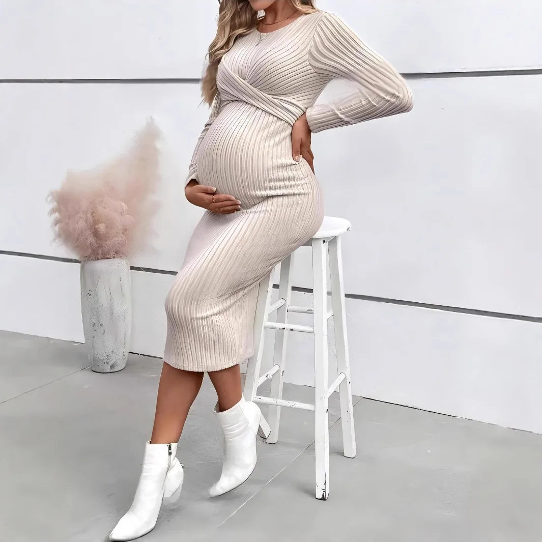 Maternity Long-sleeved for Pregnant Women Elegant Knotted Slimming Dress