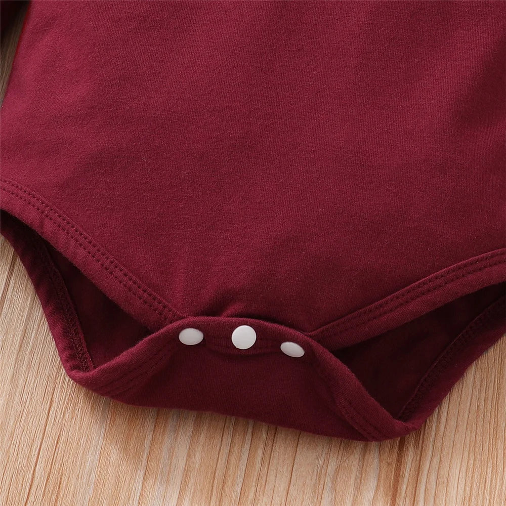 0-18Months Baby Girl Clothes Set Red Color Long Sleevs Bodysuit + Flower Strap Pants