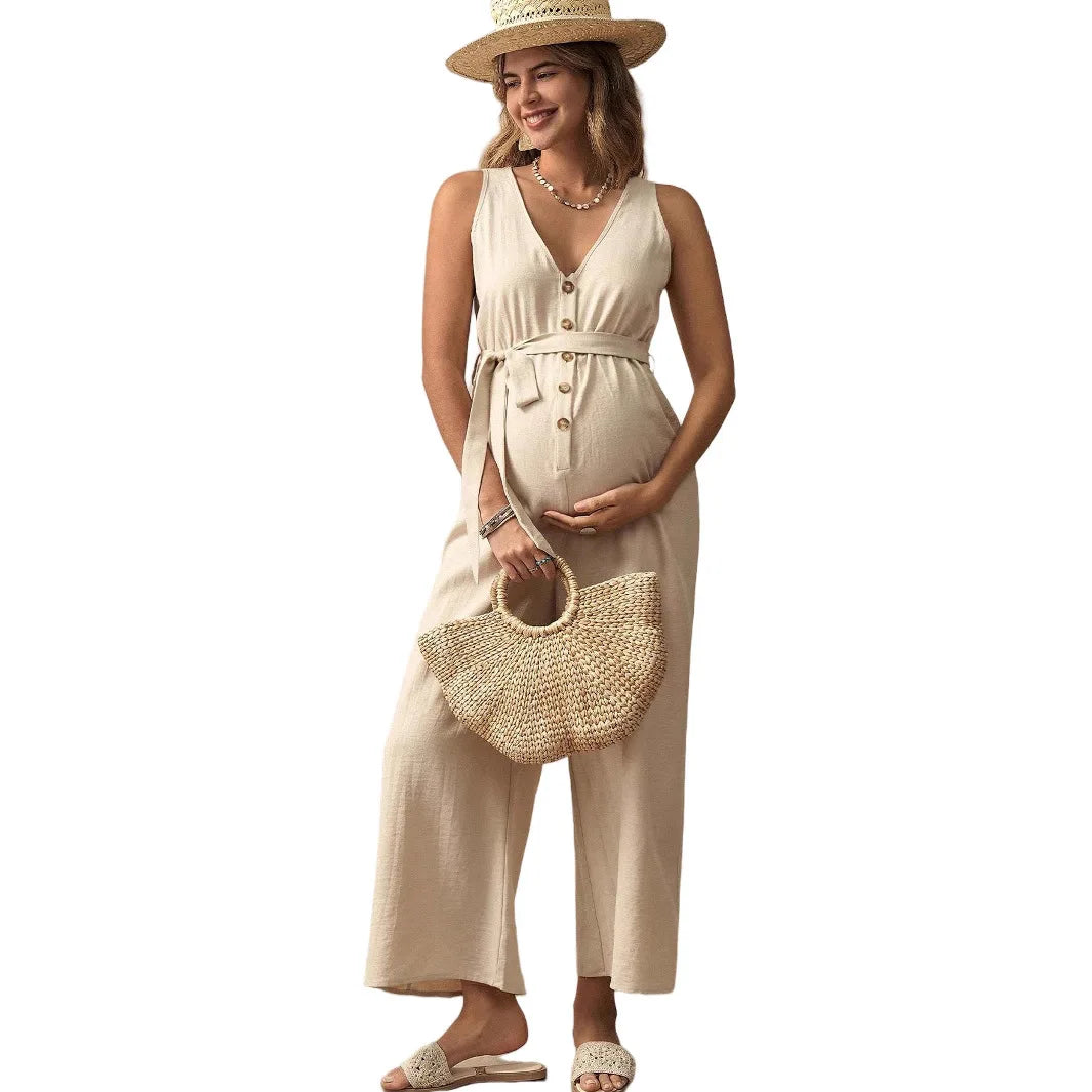 Maternity V-neck Sleeveless Pregnancy Loose Long Overall Pants Outfit