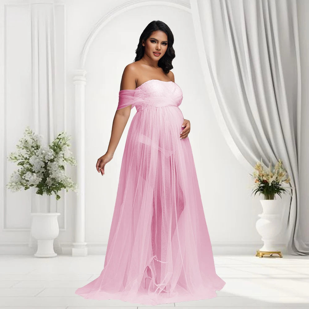 Pregnancy Maxi Gown Off Shouder Lace Mesh Women Clothing for Baby Shower Photography
