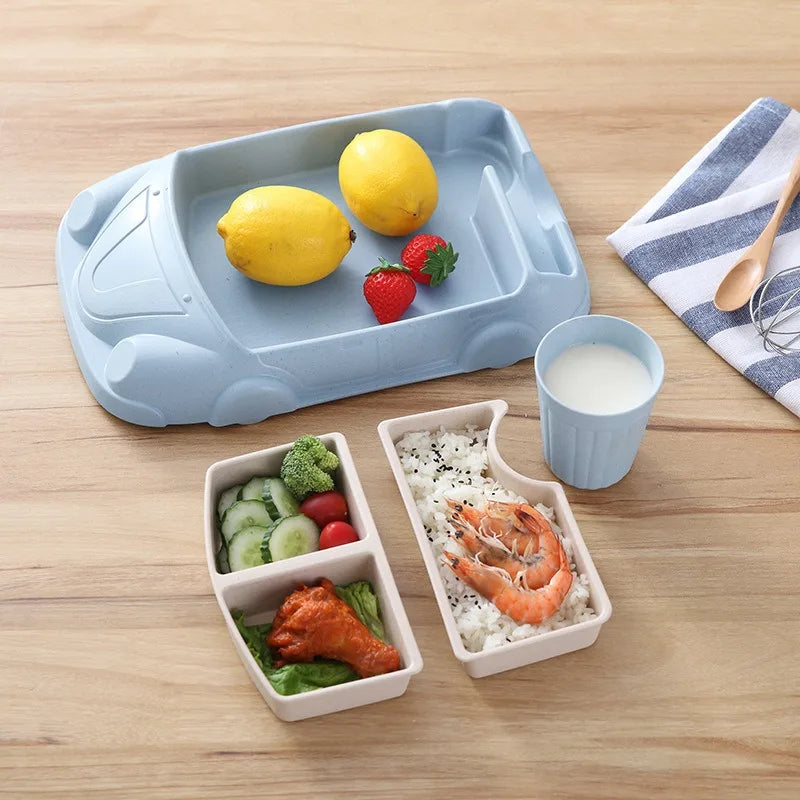 Creative Car Shaped Bamboo Fiber Baby Feeding Bowl Food Grade Cartoon Complementary Food Dish Divide Grids Bento Lunch Box Sets