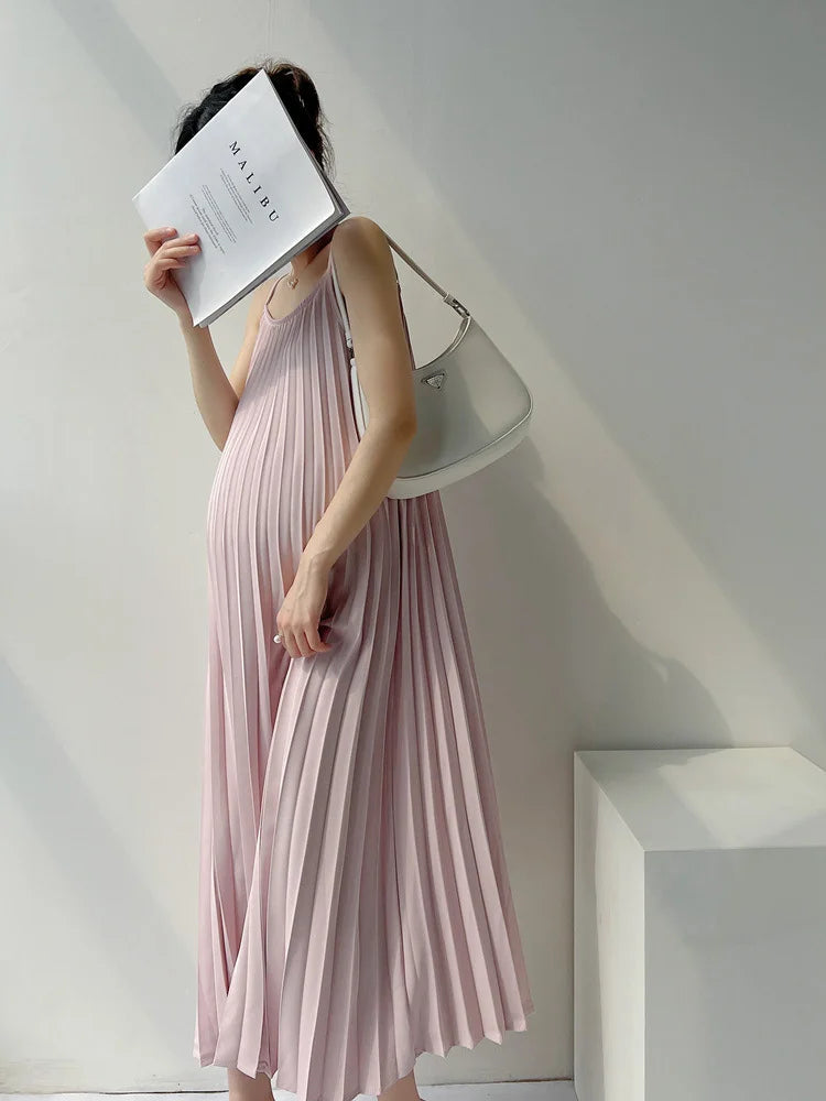 Women's Pleated Chiffon Mid-Calf Pregnancy Dress