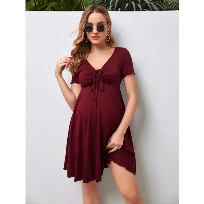 Maternity Summer Pure Colour V-neck Women Casual Short Dress