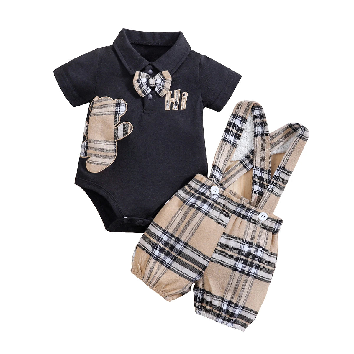 2PCS Short Sleeve Boys Infant Plaid Bear Bodysuit+Suspenders