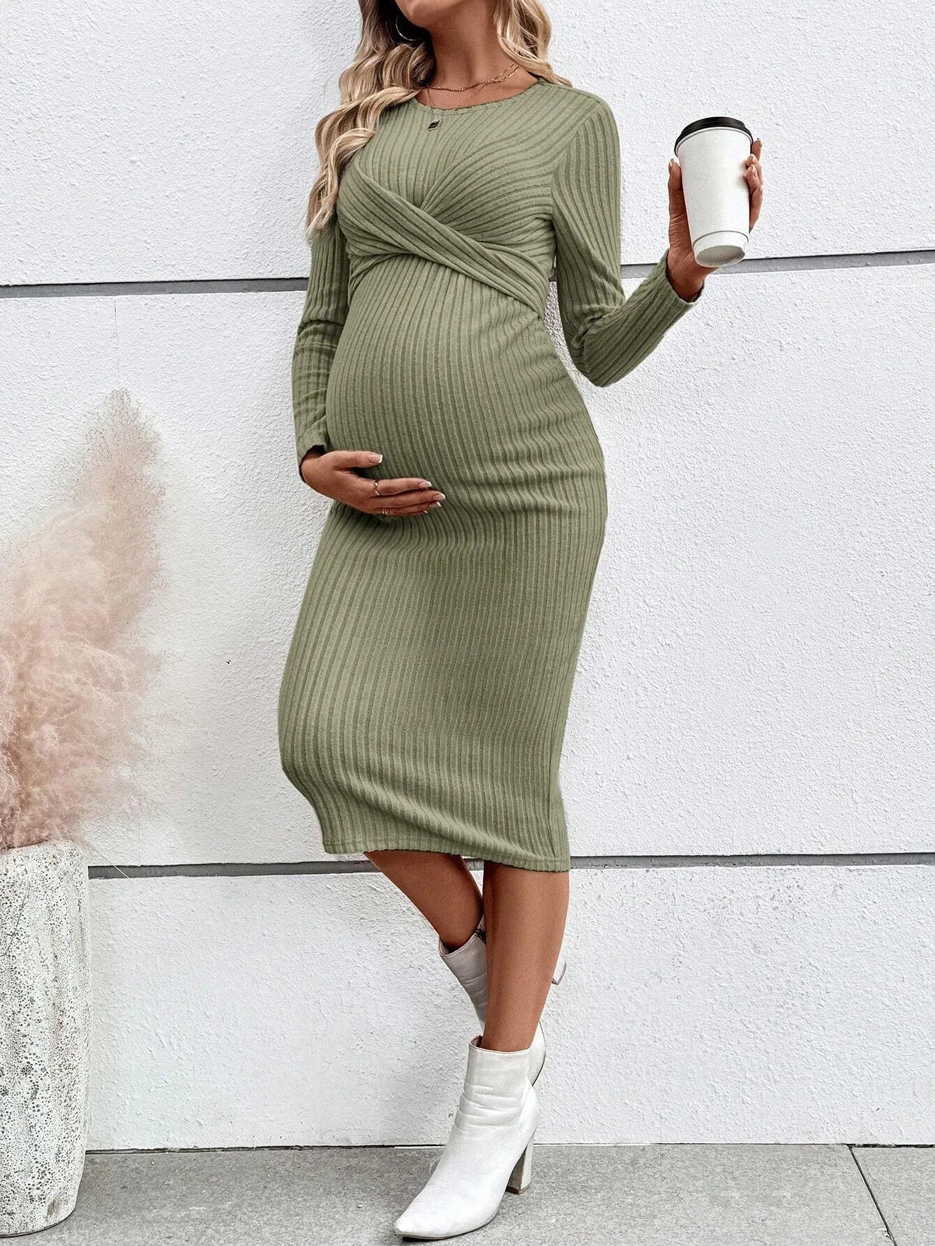 Maternity Long-sleeved for Pregnant Women Elegant Knotted Slimming Dress