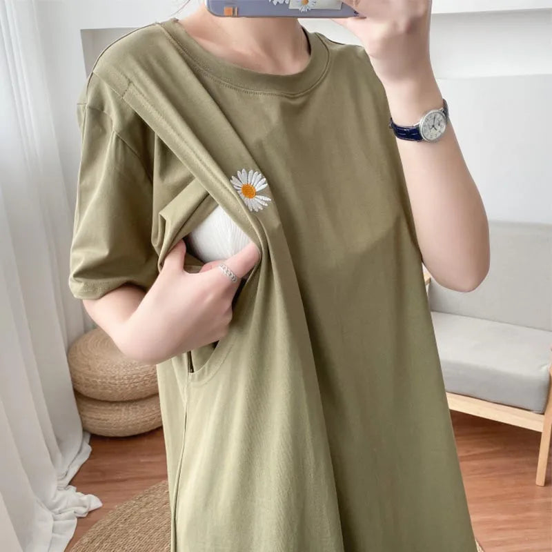 Fashionable Short Sleeve Dress Breastfeeding Friendly Casual Nursing Wear