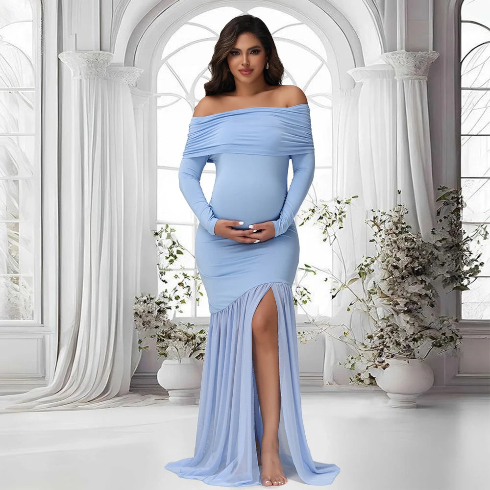 Maternity Off-Shoulder Slits Fishtail Hem Evening Party Elegant Gown Suit Photoshoot