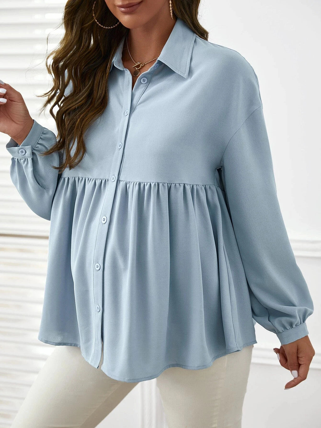 Solid Color Shirt Long Sleeve Lapel Ruffled Maternity Blouse