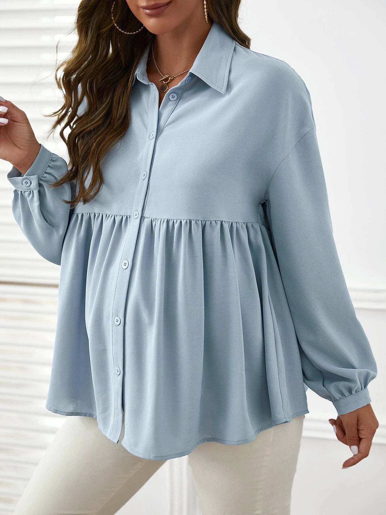Solid Color Shirt Long Sleeve Lapel Ruffled Maternity Blouse