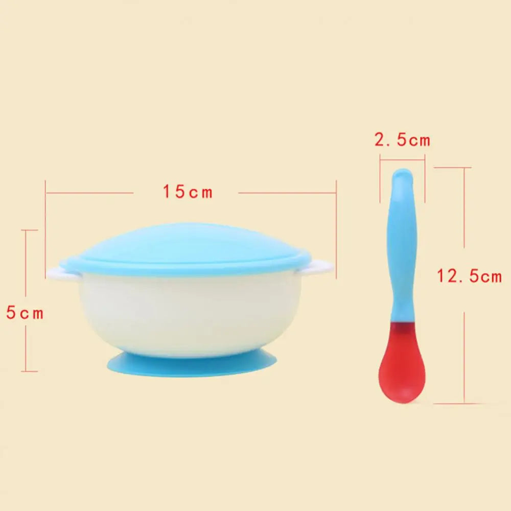 Baby Toddler Anti Slip Suction Bowl with Temperature Spoon Lid Feeding Tableware
