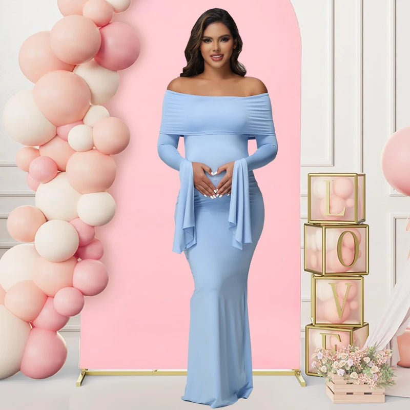 Maternity Sexy Off Shoulder Long Sleeve Bodycon Pregnancy Baby Shower Gown Suit Photography