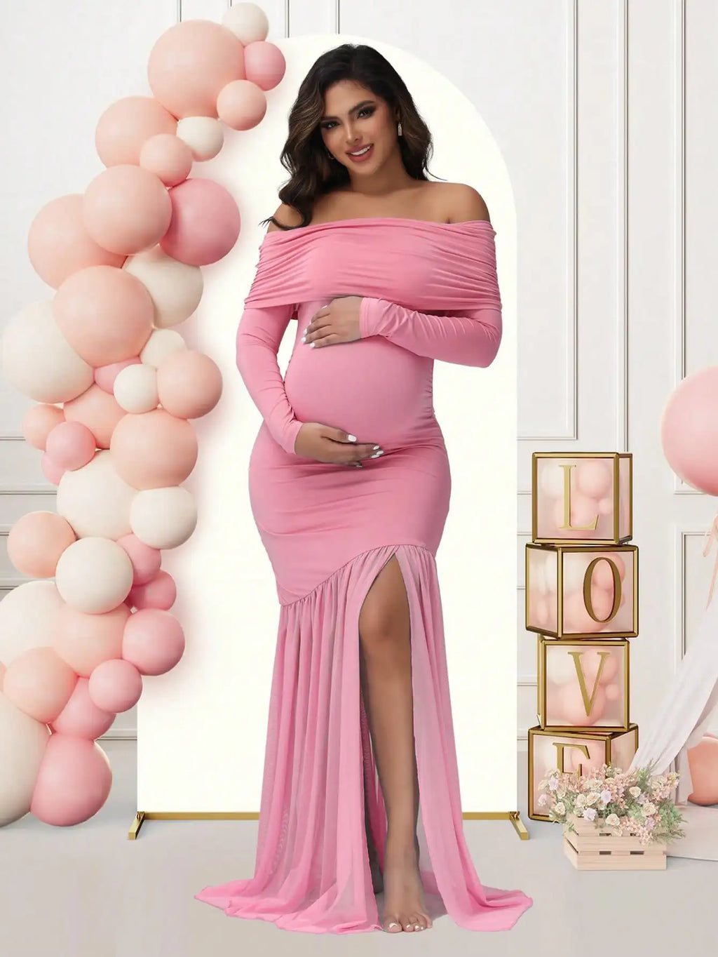 Maternity Off-Shoulder Slits Fishtail Hem Evening Party Elegant Gown Suit Photoshoot