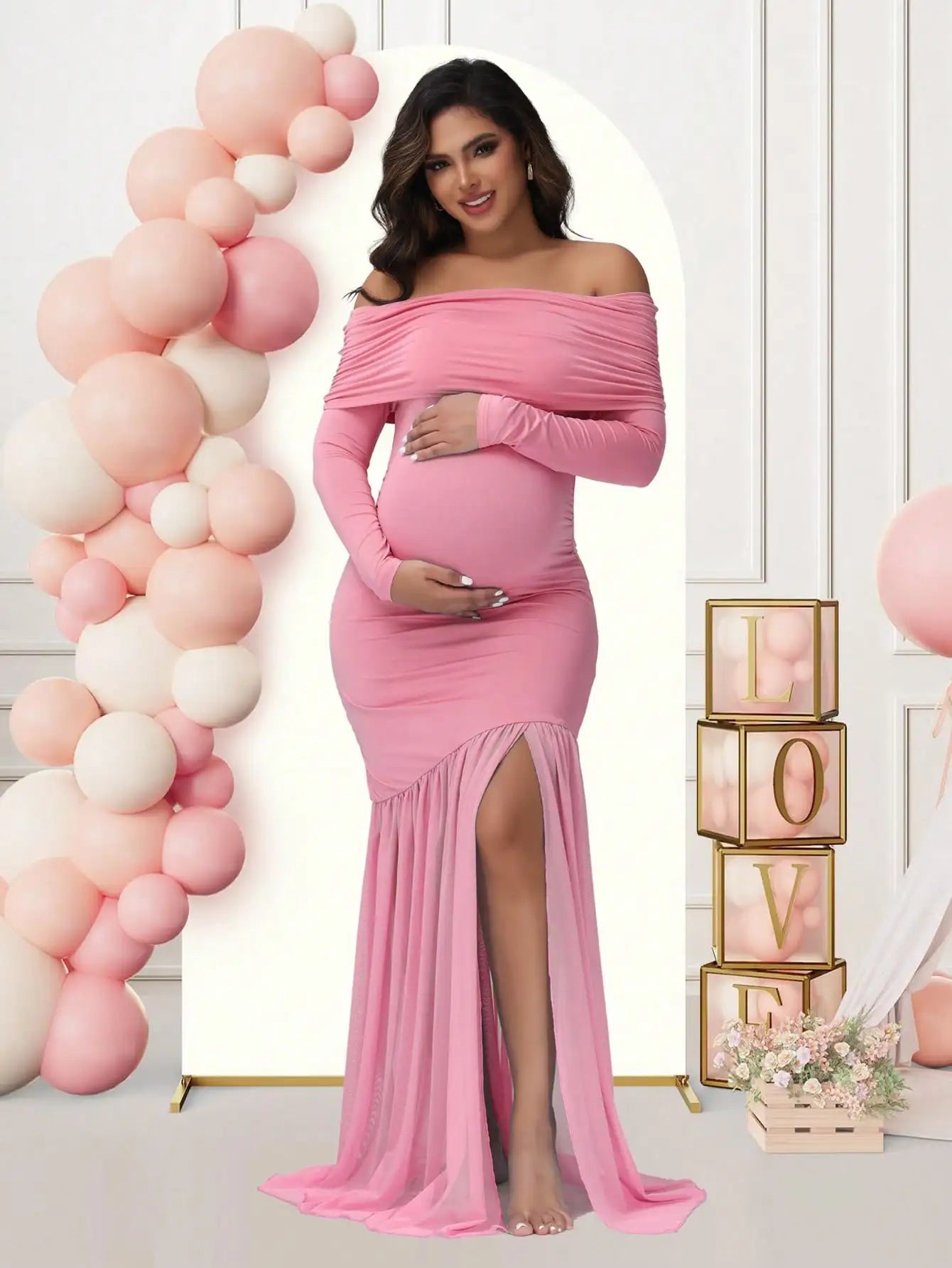 Maternity Off-Shoulder Slits Fishtail Hem Evening Party Elegant Gown Suit Photoshoot