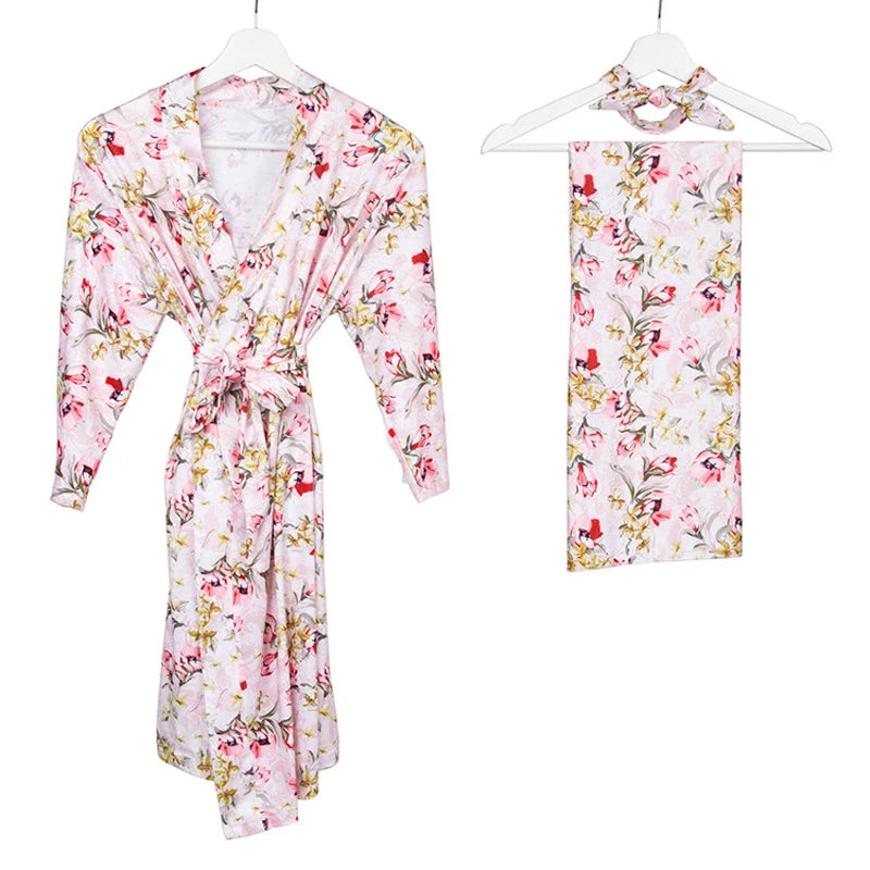 Nursing Delivery Mom And Baby Matching Outfit Hospital Pajamas Maternity Robe Mommy And Baby Outfit Swaddle Wrap Set 3PCS