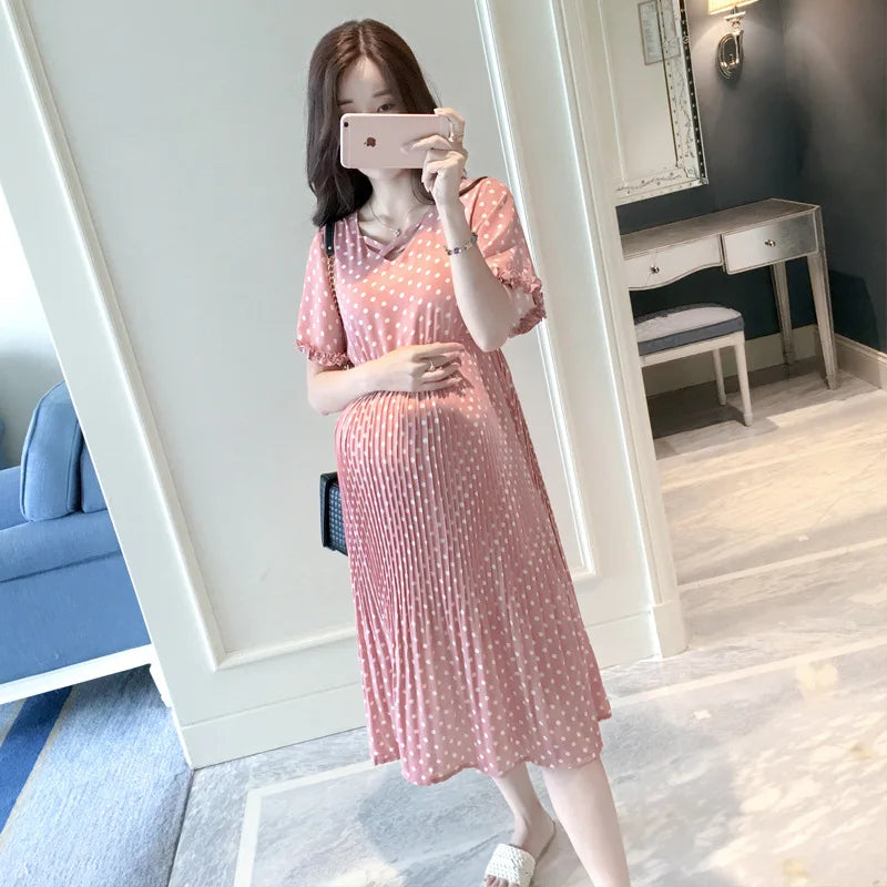Summer Maternity Petal Collar Bubble Sleeve High Waist Dress