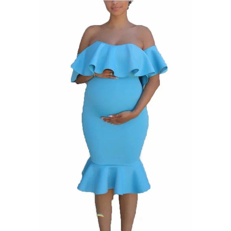 Maternity Evening Solid Ruffles Off The Shoulder Maternity Dress