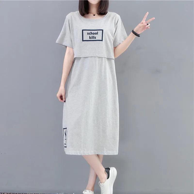 Maternity Short Sleeve Breastfeeding Long Thin Dress Skirt