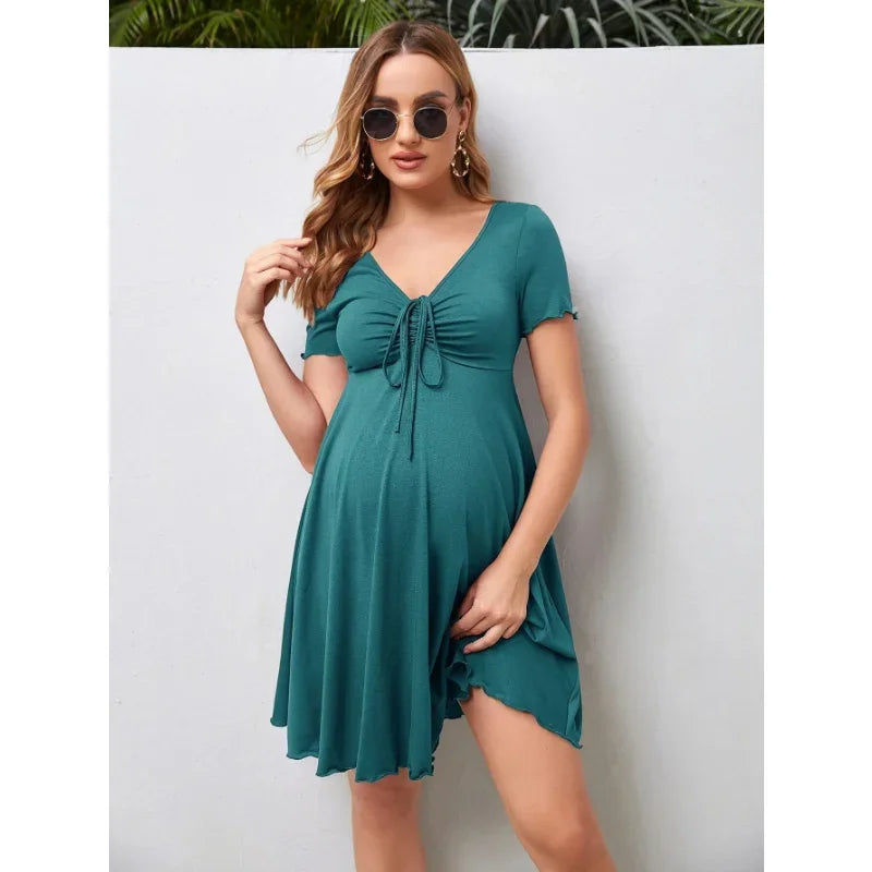 Maternity Summer Pure Colour V-neck Women Casual Short Dress