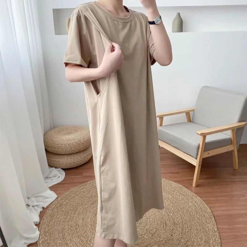 Fashionable Short Sleeve Dress Breastfeeding Friendly Casual Nursing Wear