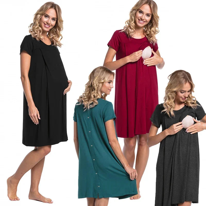Casual Short Sleeve Breastfeeding Maternity Dress for Hospital