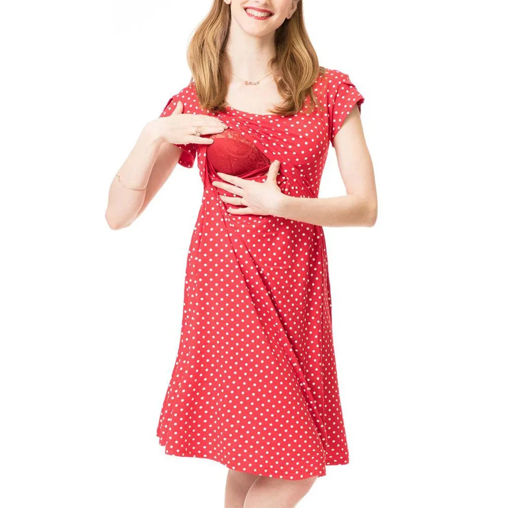 Summer Casual Comfortable and Skin-friendly Dot Printed Short Sleeved Breastfeeding Dress
