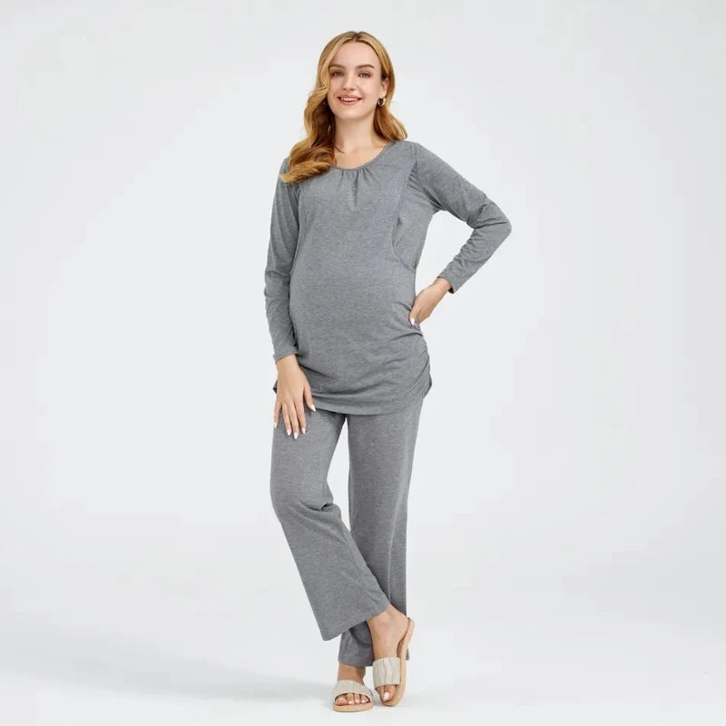 Maternity Long Sleeve Pajamas Clothes for Pregnancy + Breastfeeding