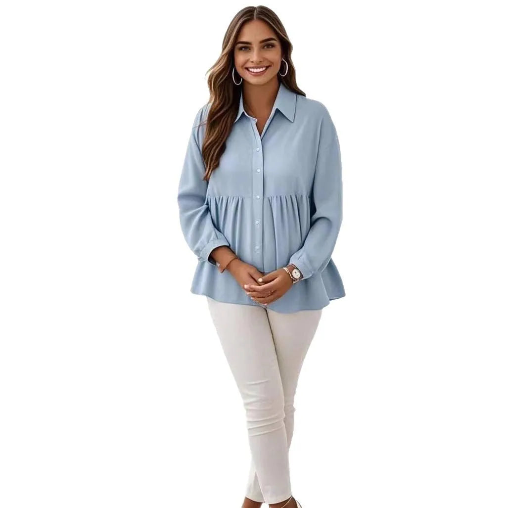 Solid Color Shirt Long Sleeve Lapel Ruffled Maternity Blouse