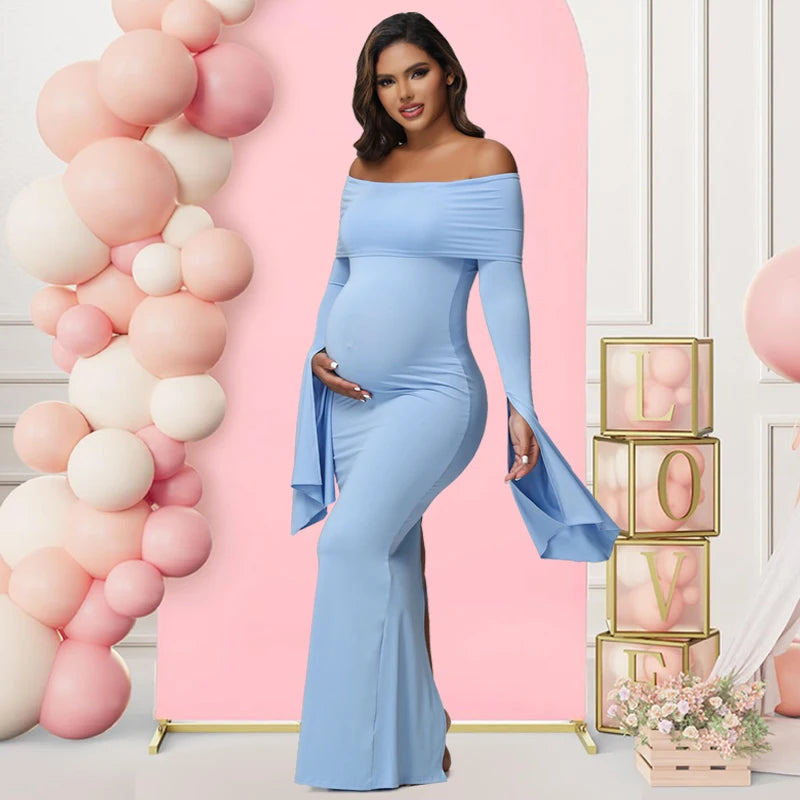Maternity Sexy Off Shoulder Long Sleeve Bodycon Pregnancy Baby Shower Gown Suit Photography