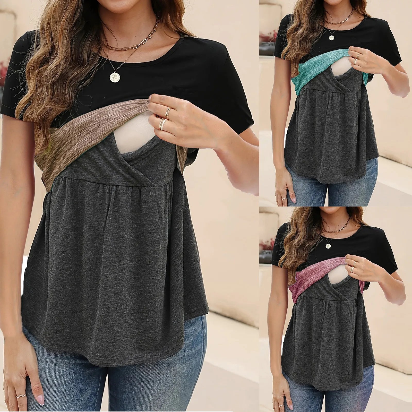 Maternity Summer Short Sleeve V Neck T Shirt For Breastfeeding