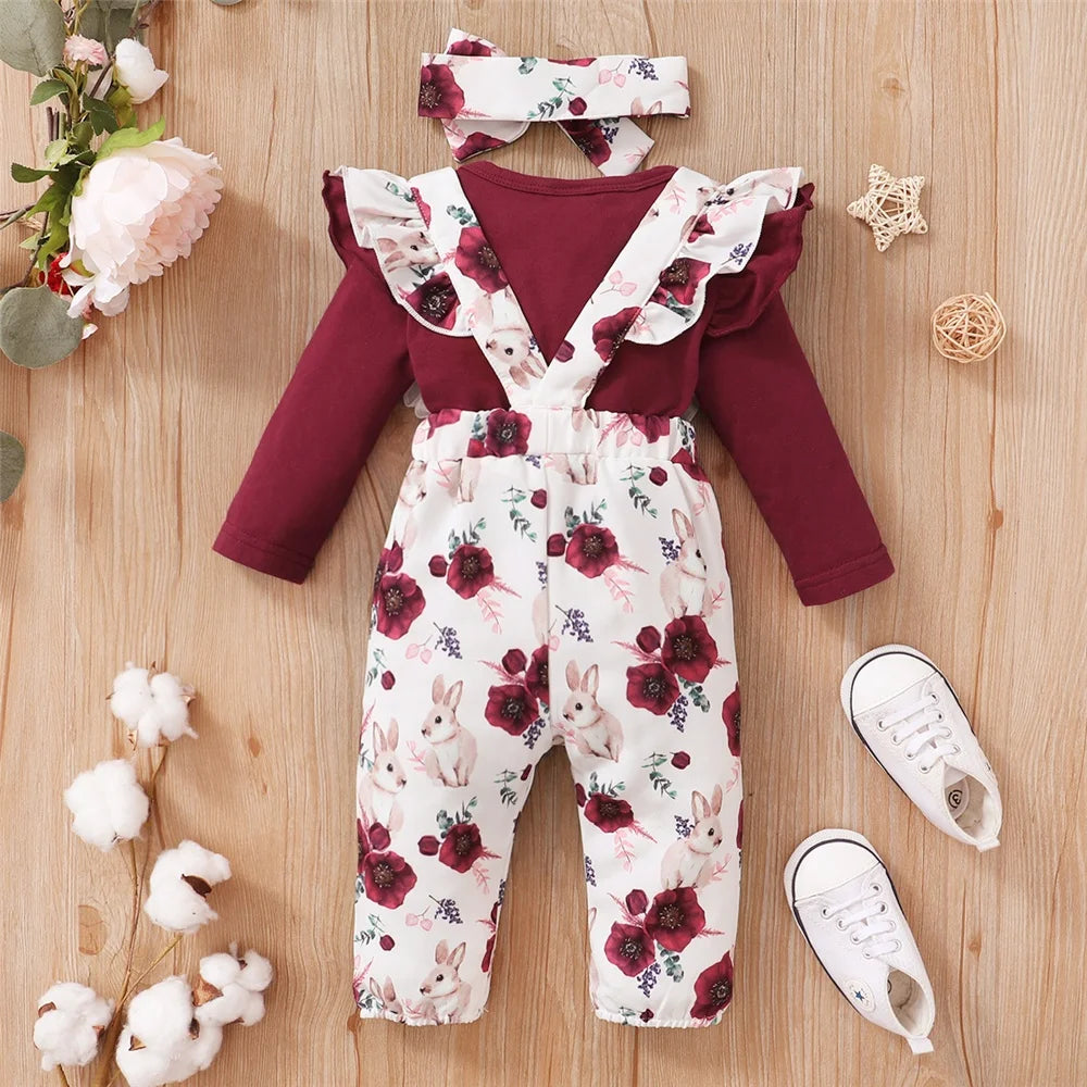 0-18Months Baby Girl Clothes Set Red Color Long Sleevs Bodysuit + Flower Strap Pants