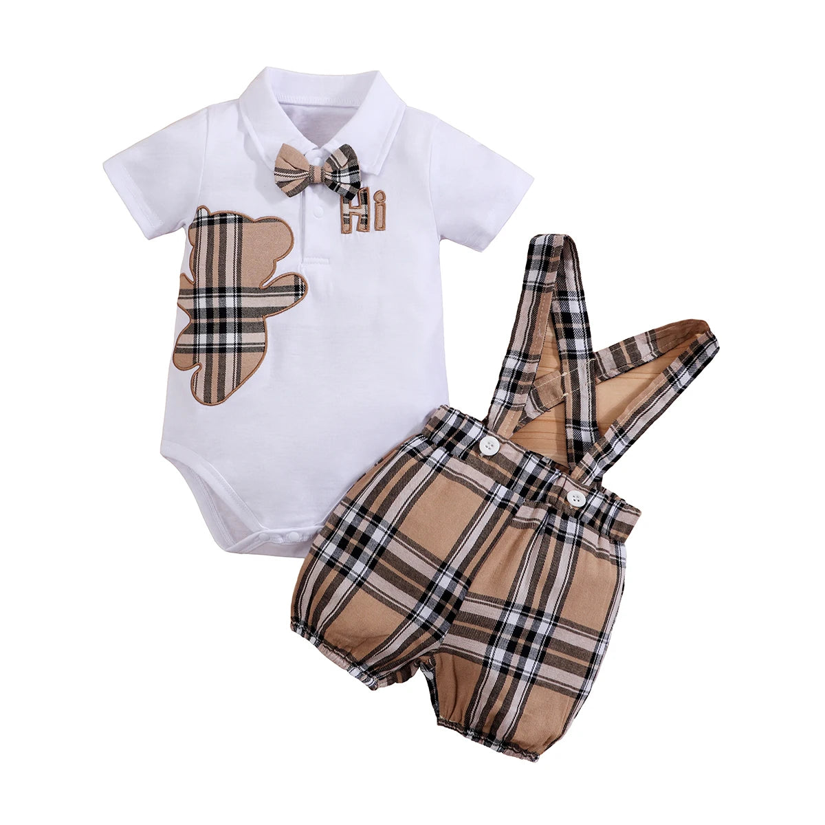 2PCS Short Sleeve Boys Infant Plaid Bear Bodysuit+Suspenders