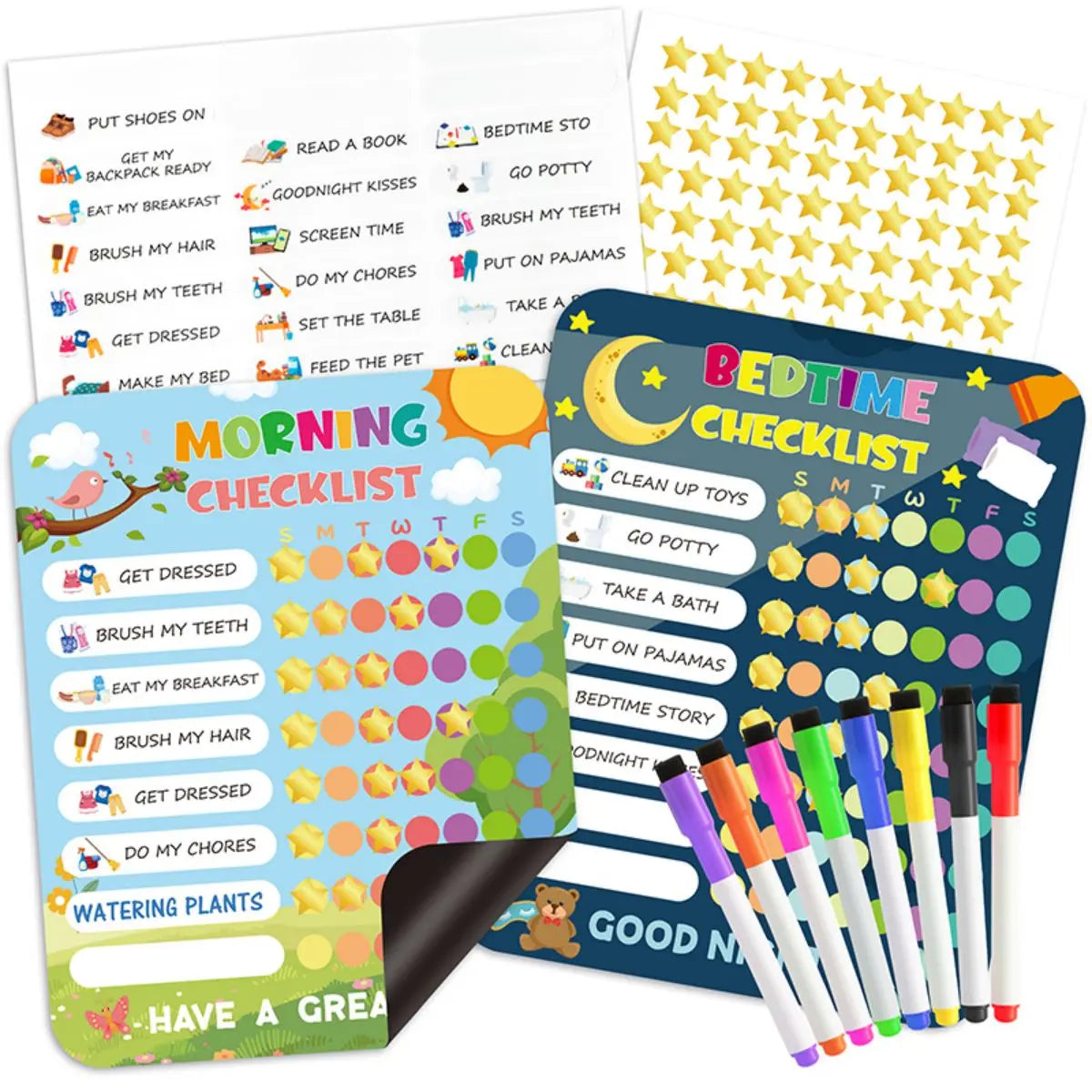 Morning Bedtime Routine Chart Poster Magnetic Sticker for Kids Toddlers Daily Visual Schedule Routine Checklist Reward Chart