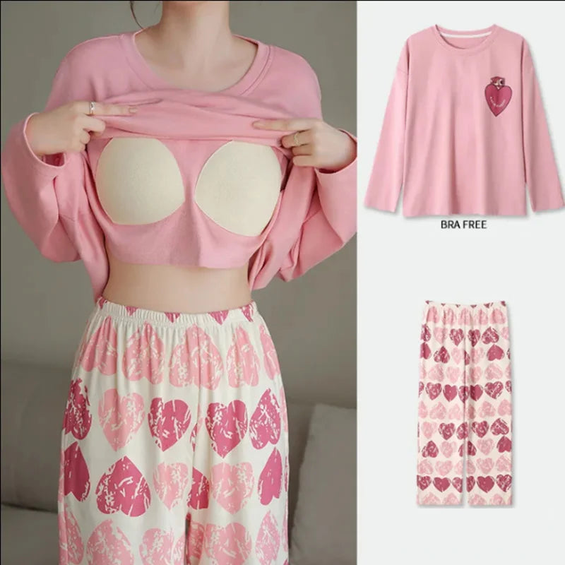 Long-Sleeved Nursing Pajamas with Chest Pads