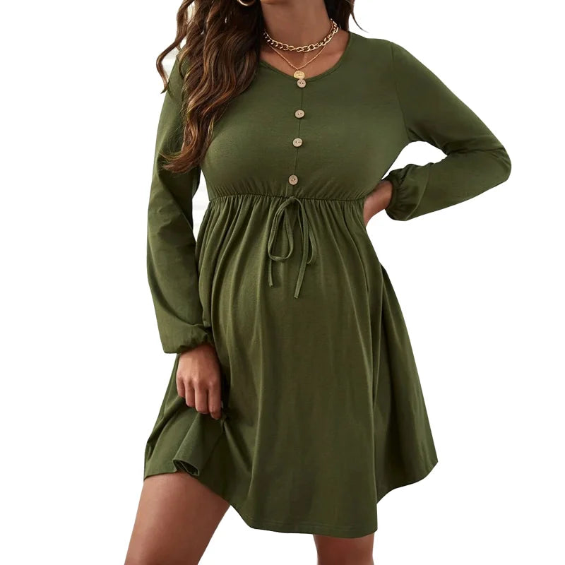 Maternity – Soft & Comfortable Nursing O-Neck Long Sleeve Breastfeeding Dress