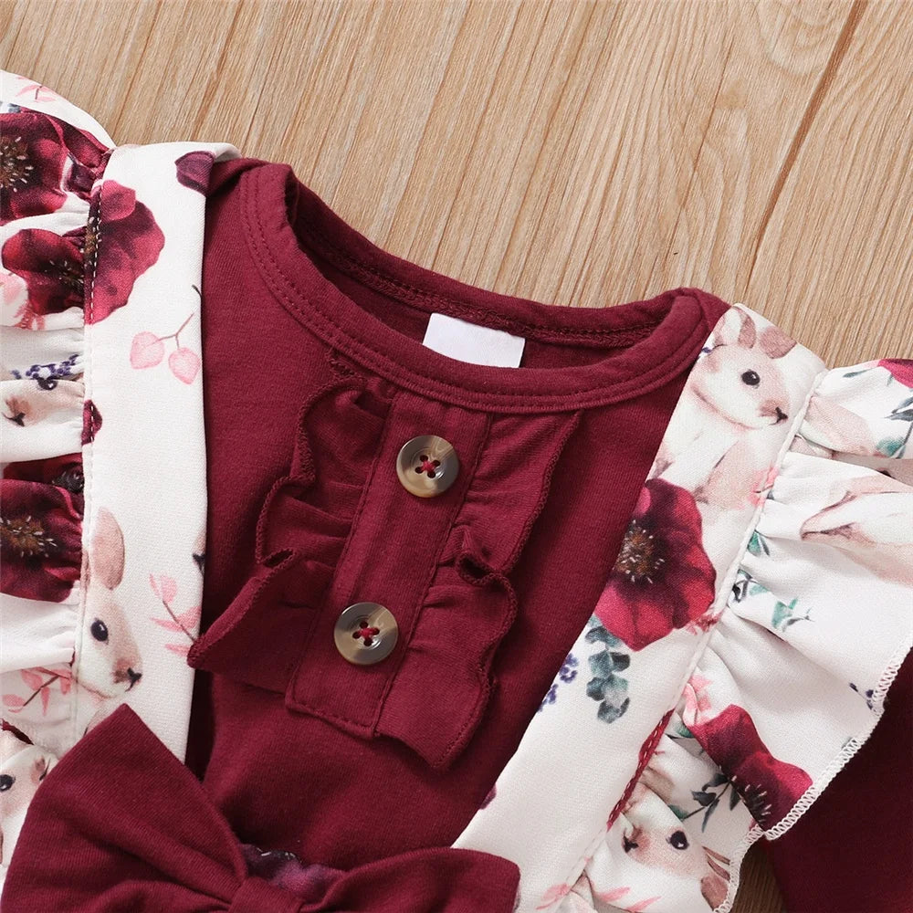 0-18Months Baby Girl Clothes Set Red Color Long Sleevs Bodysuit + Flower Strap Pants