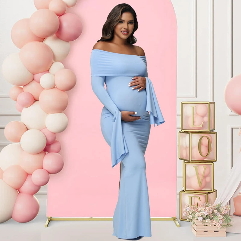 Maternity Sexy Off Shoulder Long Sleeve Bodycon Pregnancy Baby Shower Gown Suit Photography