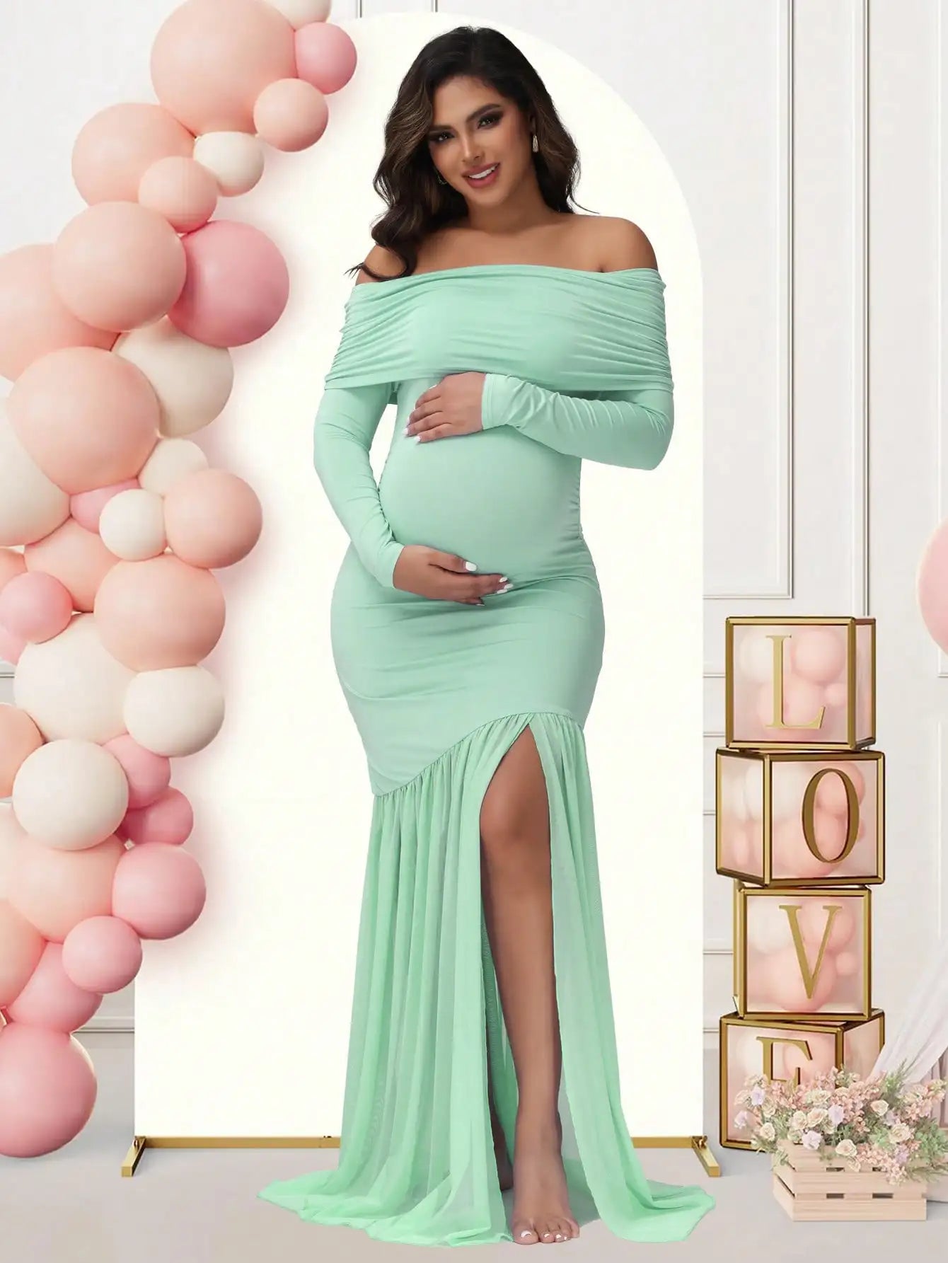 Maternity Off-Shoulder Slits Fishtail Hem Evening Party Elegant Gown Suit Photoshoot