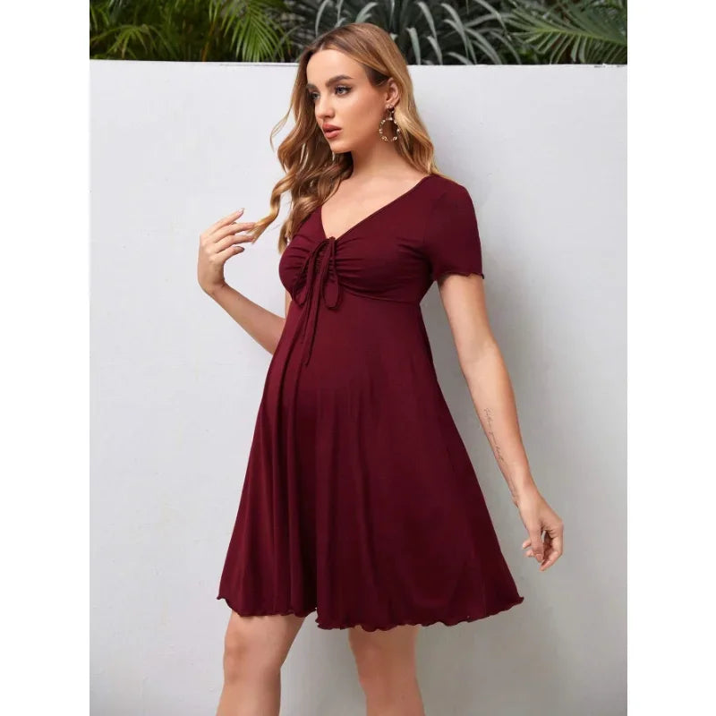 Maternity Summer Pure Colour V-neck Women Casual Short Dress