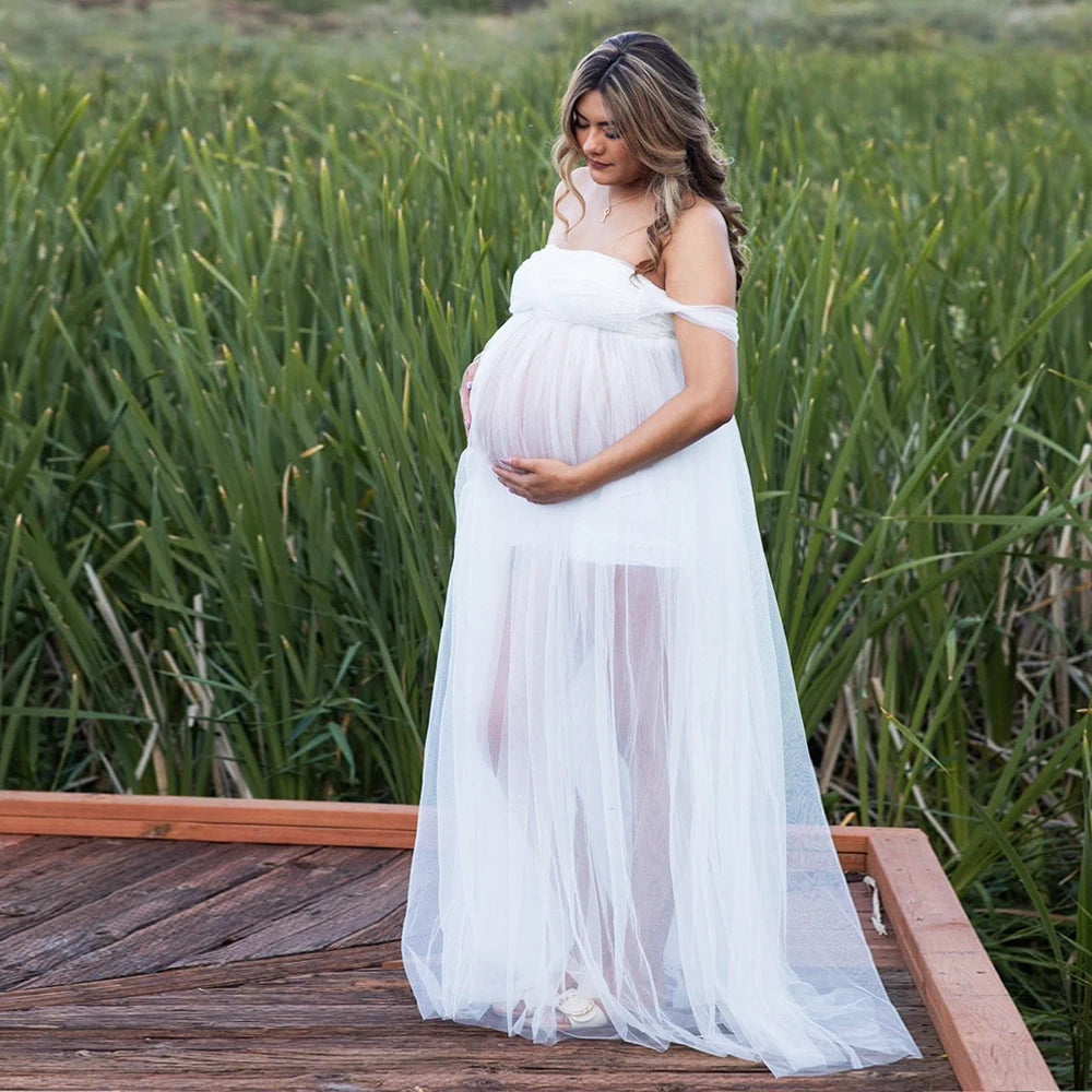 Pregnancy Maxi Gown Off Shouder Lace Mesh Women Clothing for Baby Shower Photography