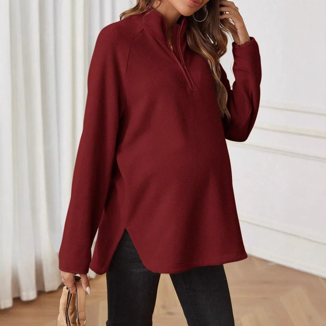 Women Winter Pregnant Plain Zipper Long-sleeved T-shirt