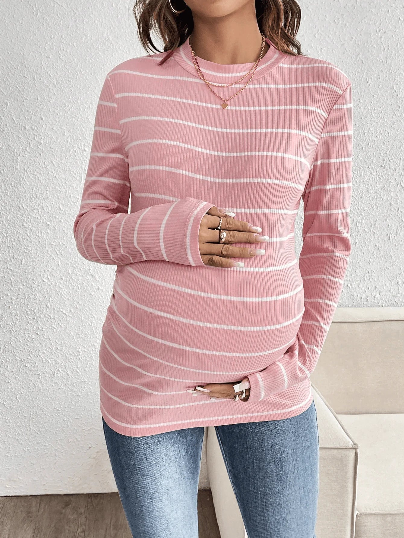 Pure cotton striped round-neck long-sleeved maternity T-shirt