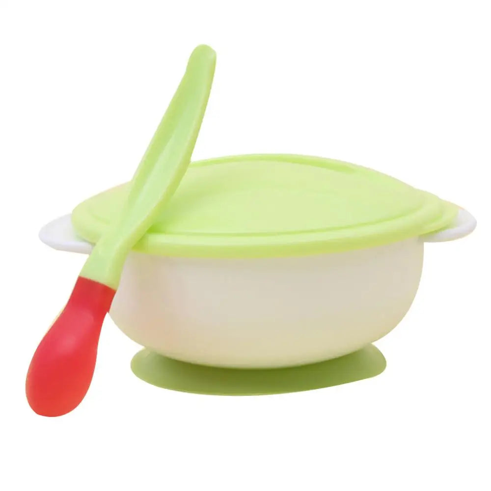 Baby Toddler Anti Slip Suction Bowl with Temperature Spoon Lid Feeding Tableware