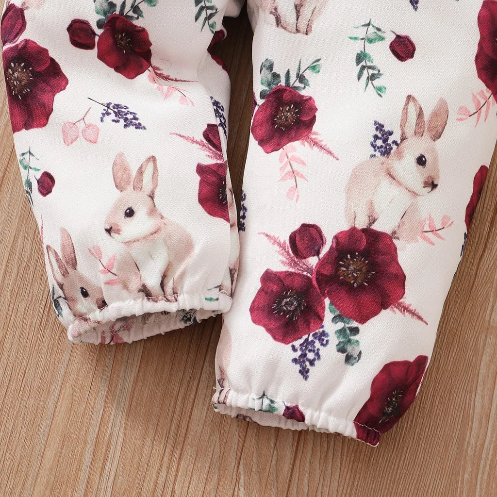 0-18Months Baby Girl Clothes Set Red Color Long Sleevs Bodysuit + Flower Strap Pants