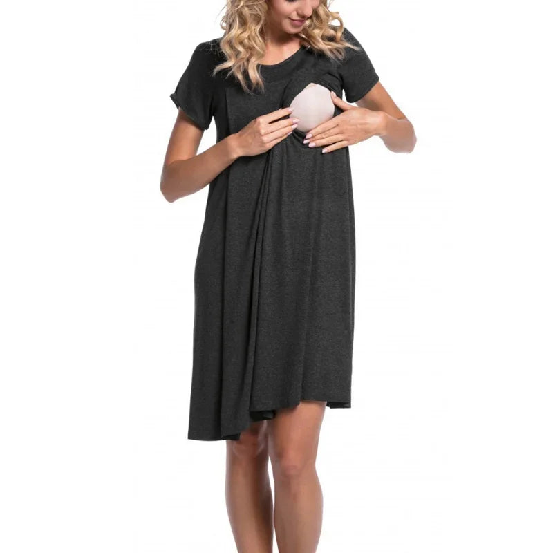 Casual Short Sleeve Breastfeeding Maternity Dress for Hospital