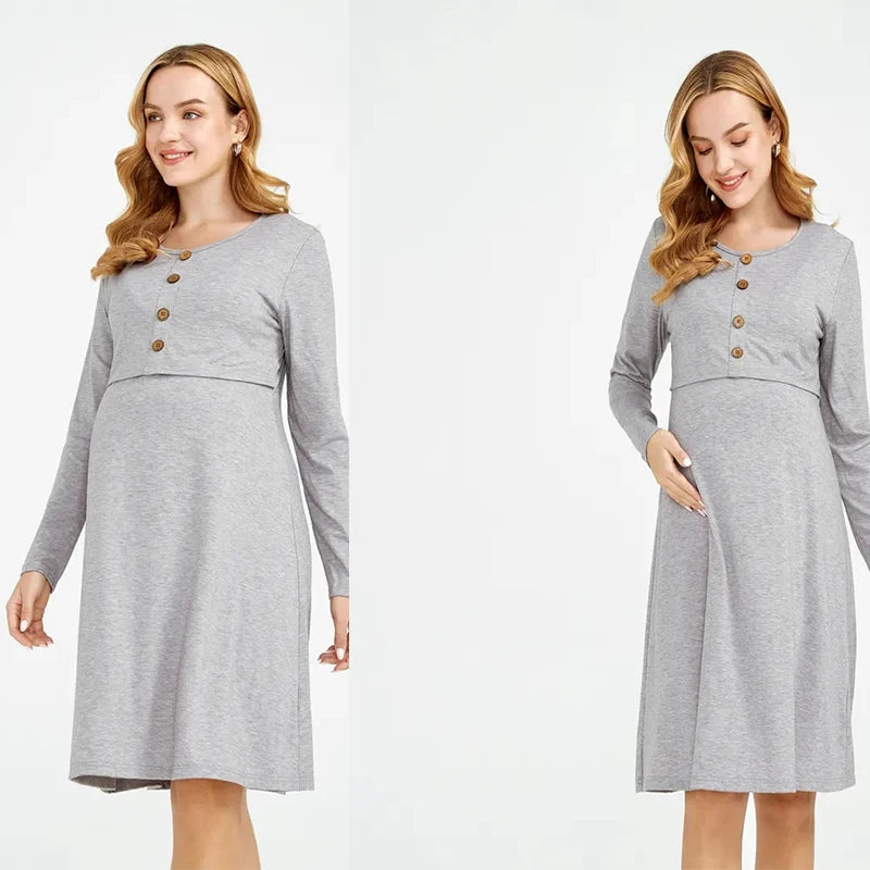 Summer Casual Long-sleeved Maternity Dress With Round Neck A-line Shape  Nursing Function