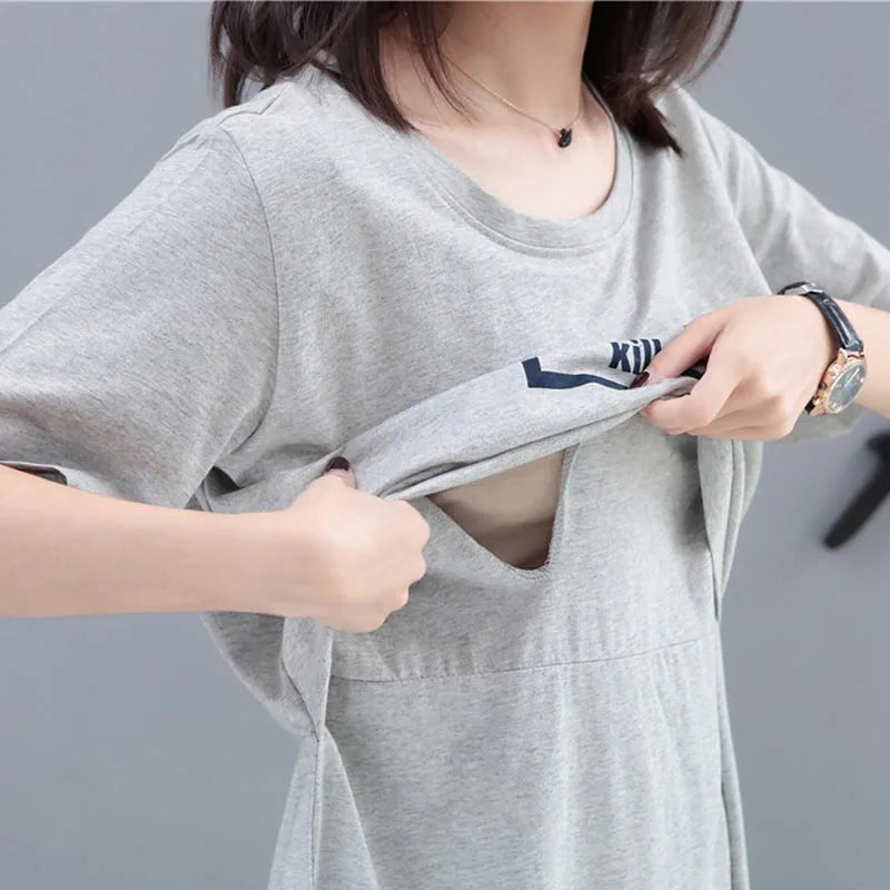 Maternity Short Sleeve Breastfeeding Long Thin Dress Skirt