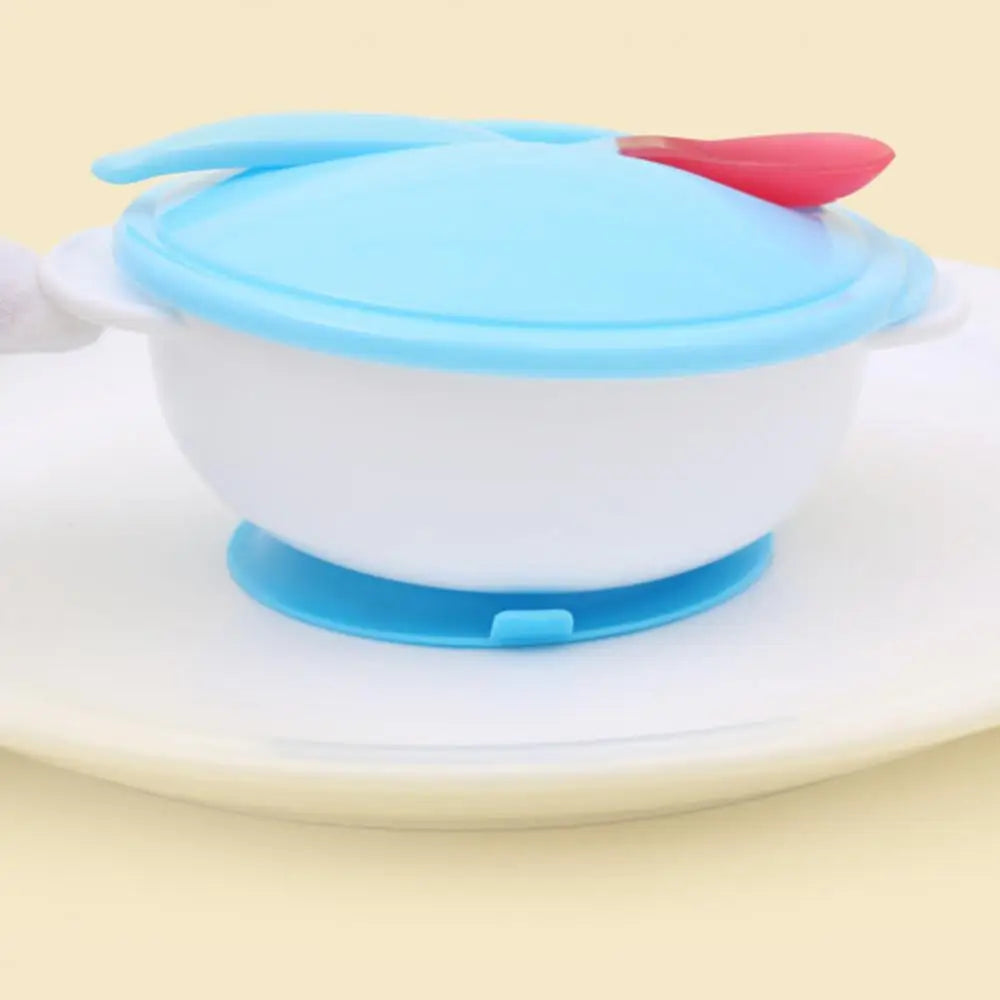 Baby Toddler Anti Slip Suction Bowl with Temperature Spoon Lid Feeding Tableware