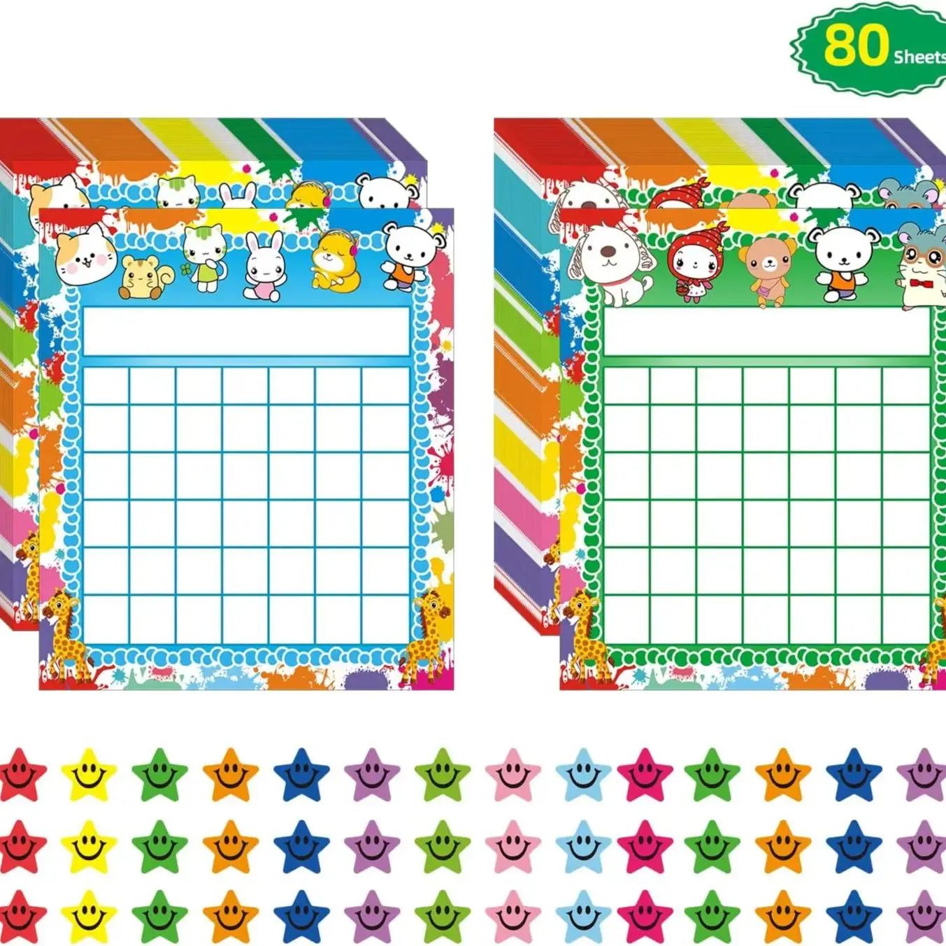 80 Pack Classroom Incentive  Reward Chart for 2 Designs with 2400 Pieces Colorful Star Stickers for Students Classroom Teaching