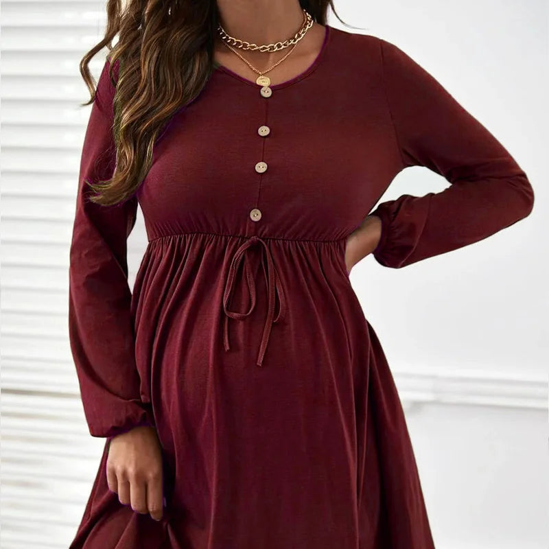 Maternity – Soft & Comfortable Nursing O-Neck Long Sleeve Breastfeeding Dress