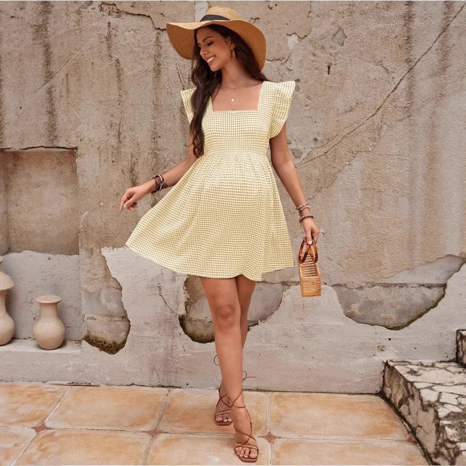 Summer Maternity Square Collar Checkered Short-sleeved Casual Pregnancy Dress